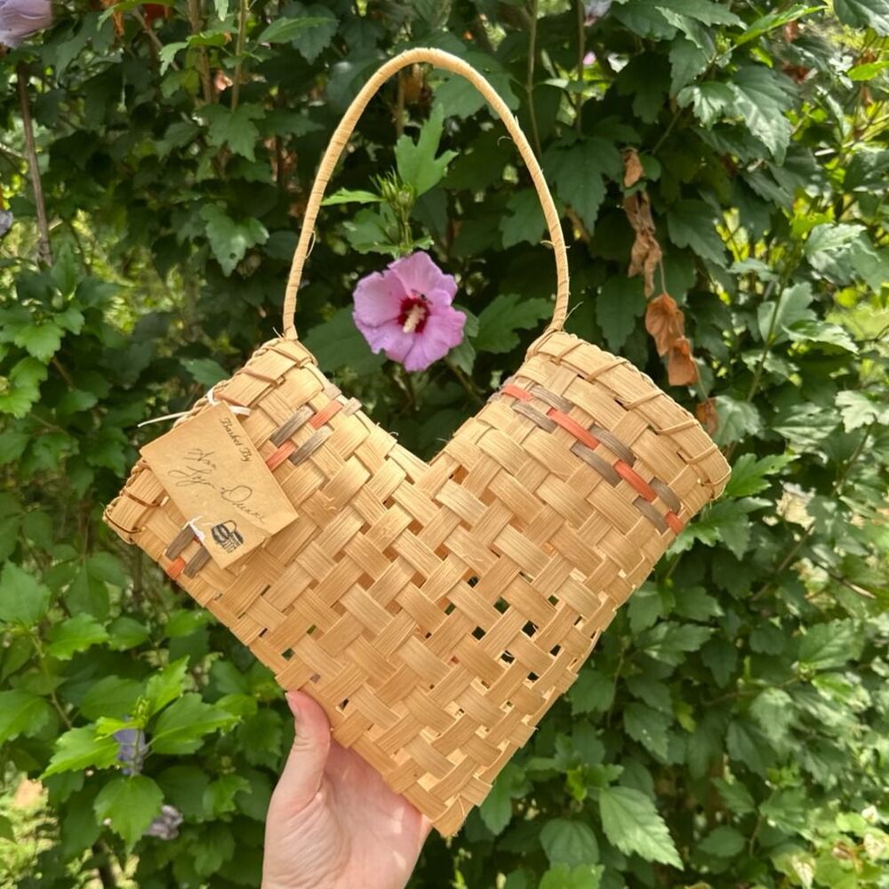 Vintage Wicker Wall Elbow Basket Double Heart Shape Hand Crafted Cottagecore